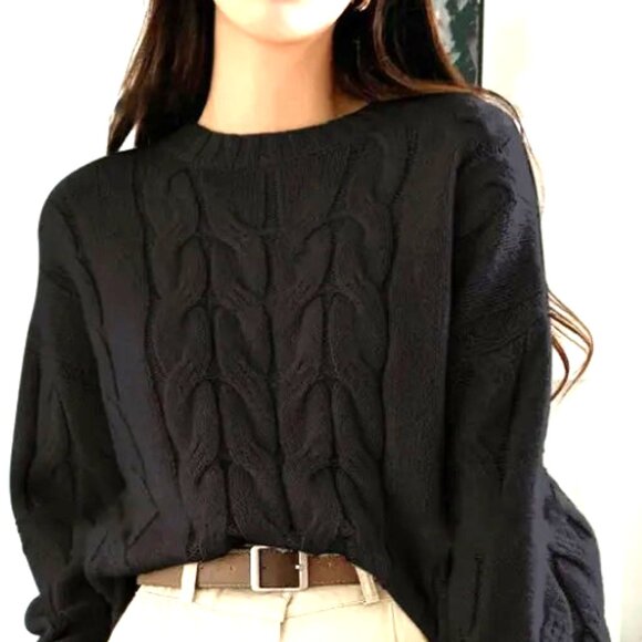 BLACK COLOR ONE SIZE FITS OVERSIZED CREW NECK RIB FISHERMAN/CABLE KNIT SWEATER - Picture 1 of 3